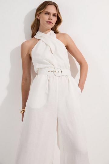 Linen Viscose Cross Front Woven Belted Jumpsuit white
