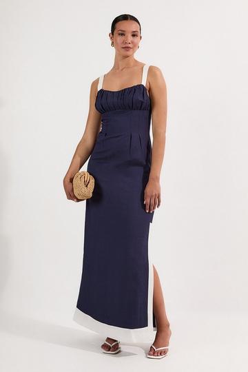 Tall Linen Viscose Colour Block Strappy Woven Midi Dress navy