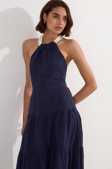 Navy Linen Viscose Colour Block Woven Tiered Halter Maxi Dress