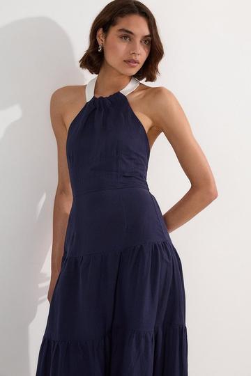 Petite Linen Viscose Colour Block Woven Tiered Halter Maxi Dress navy