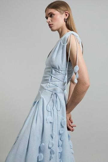 Applique Lace Up Maxi Woven Dress blue