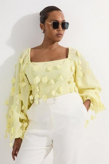 Plus Size Applique Balloon Sleeve Woven Top yellow
