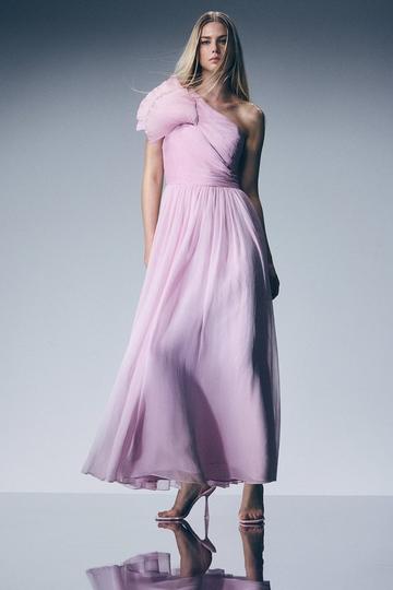 Digital Ophelia Crinkle Georgette Fine Pleated One Shoulder Woven Maxi Dress pink
