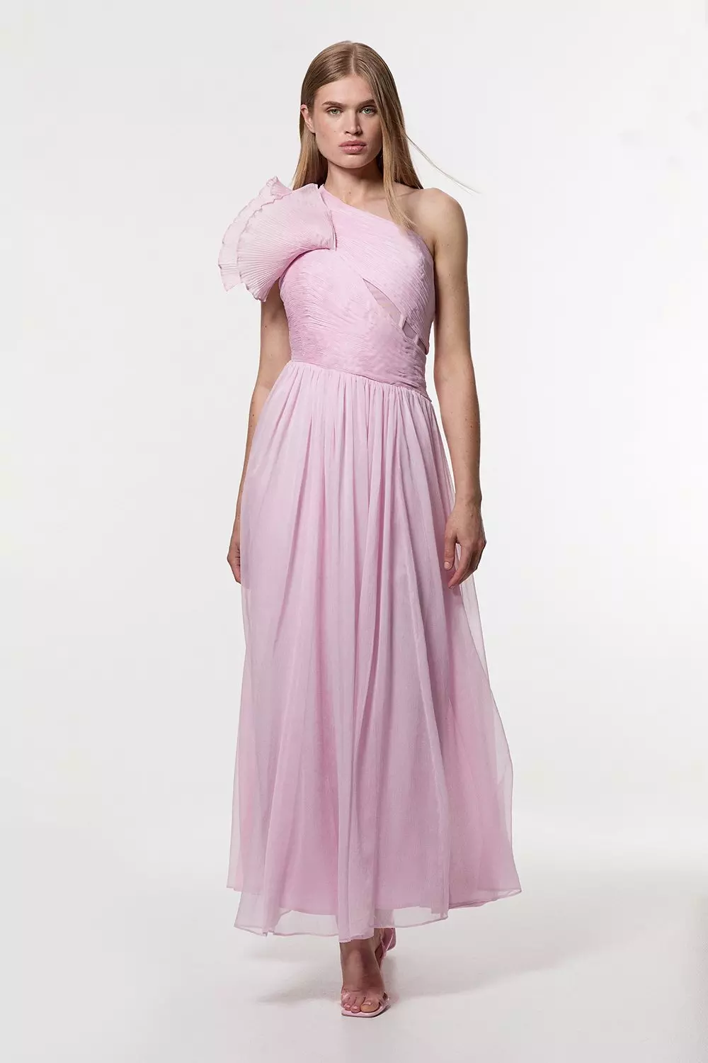 Pink Digital Ophelia Crinkle Georgette Fine Pleated One Shoulder Woven Maxi Dress alternative image