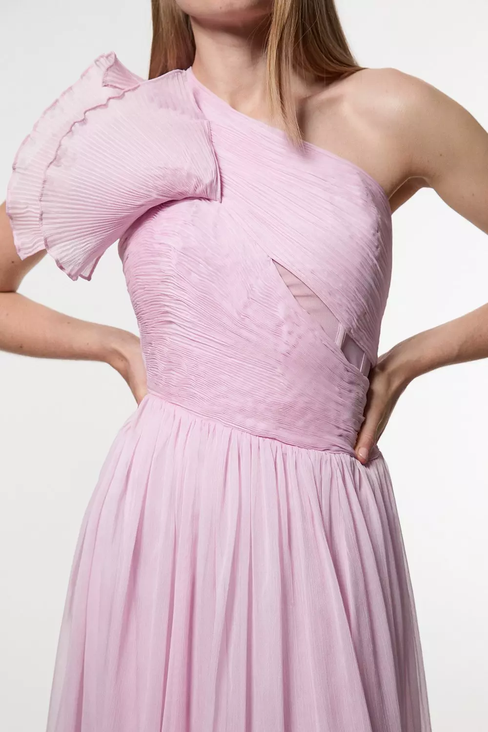 Pink Digital Ophelia Crinkle Georgette Fine Pleated One Shoulder Woven Maxi Dress alternative image