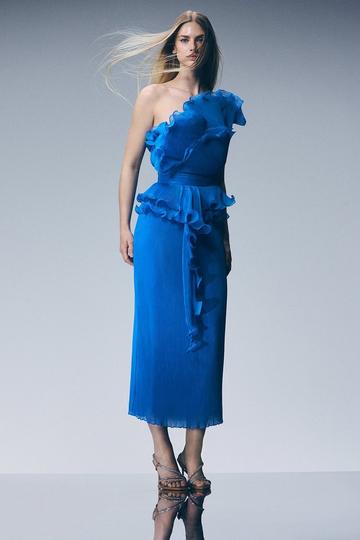 Digital Ophelia Crinkle Georgette Fine Pleated Strapless Woven Midi Dress blue