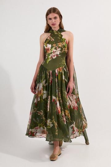 Garden Floral Viscose Georgette Satin Mix Slip Maxi Dress green
