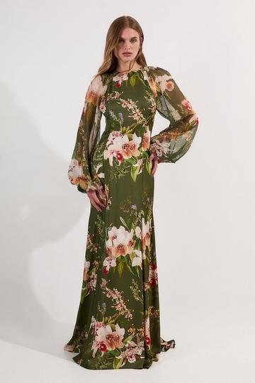 Garden Floral Viscose Georgette Satin Mix Maxi Dress green