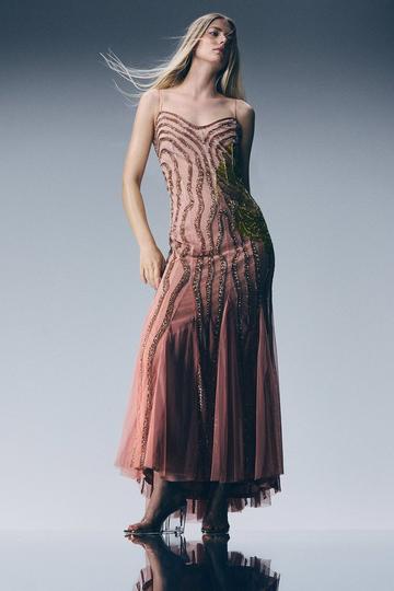 Digital Ophelia Ombre Beaded Strapless Woven Maxi Dress blush