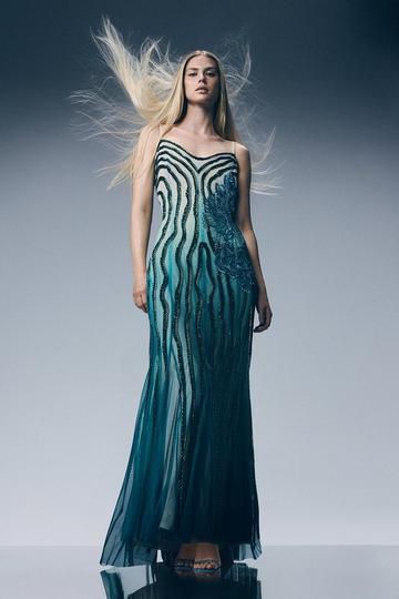 Green Digital Ophelia Ombre Beaded Strapless Woven Maxi Dress