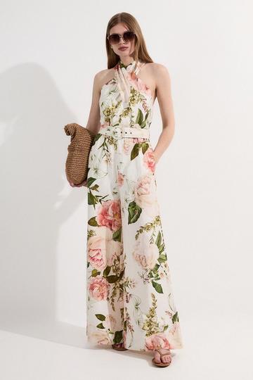 Linen Viscose Cross Front Woven Belted Jumpsuit floral