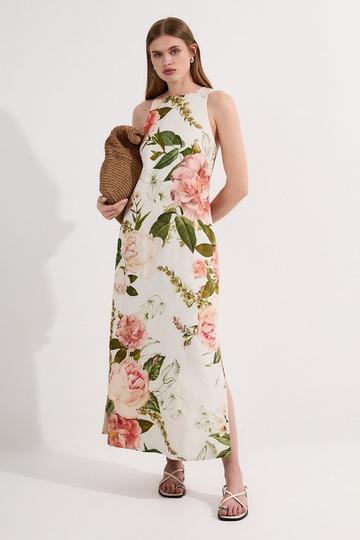 Multi Linen Viscose Floral Woven Column Midi Dress