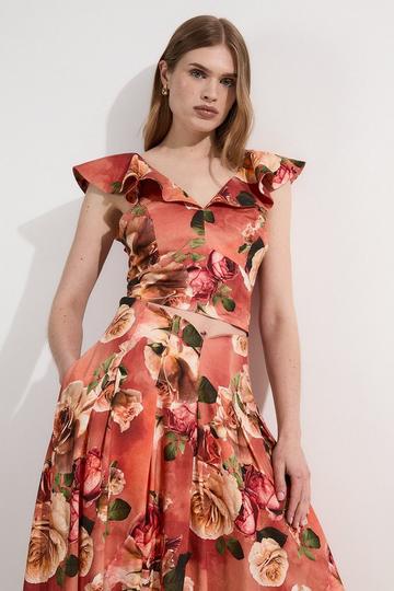 Linen Viscose Floral Printed Woven Ruffle Detail Top orange