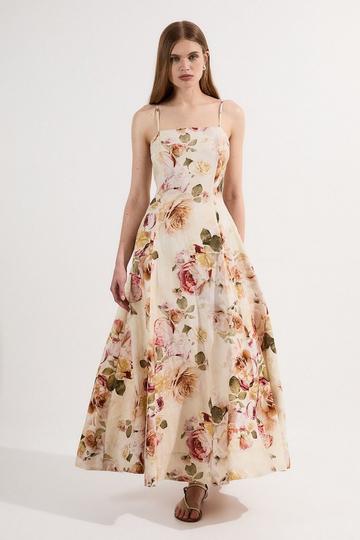 Multi Linen Viscose Floral Printed Woven Maxi Prom Dress