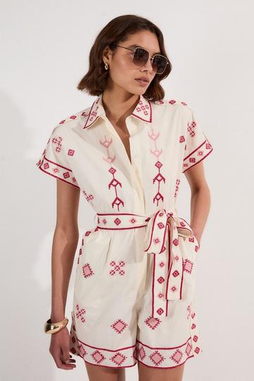 Petite Cotton Embroidered Woven Romper ivory