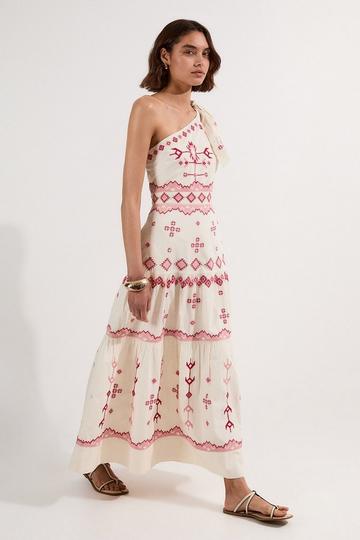 Cotton Embroidered Woven One Shoulder Maxi Dress ivory
