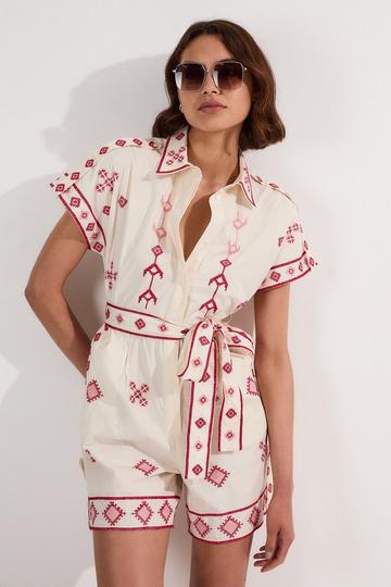 Cotton Embroidered Woven Playsuit ivory