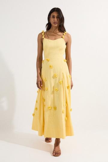 Yellow Cotton Applique Strappy Woven Maxi Dress