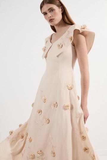 Cotton Applique Bardot Woven Maxi Dress taupe