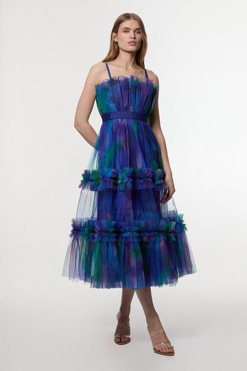 Dark Floral Tulle Bandeau Tiered Midi Woven Dress blue