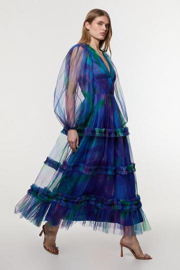 Dark Floral Tulle Plunge Balloon Sleeve Maxi Dress blue