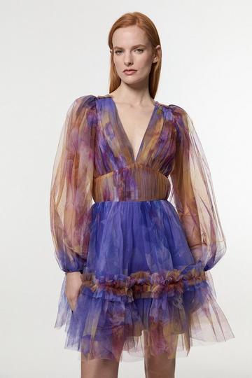 Floral Tulle Plunge Long Sleeve Woven Mini Dress lilac