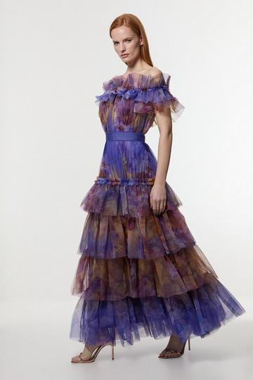 Floral Print Tulle Layered Off The Shoulder Maxi Dress lilac