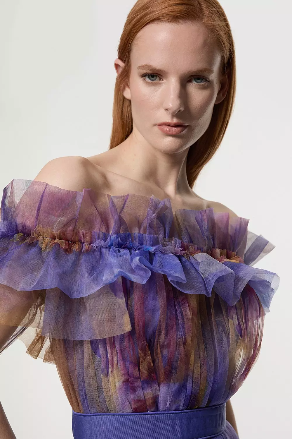 Floral Print Tulle Layered Off The Shoulder Maxi Dress