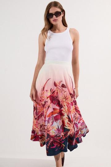 Petite Tropical Floral Silk Cotton Woven Prom Skirt pink