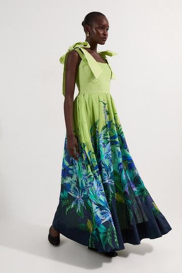 Petite Tropical Floral Silk Cotton Woven Strappy Woven Maxi Dress green