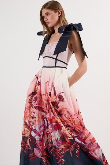 Pink Petite Tropical Floral Silk Cotton Woven Strappy Woven Maxi Dress