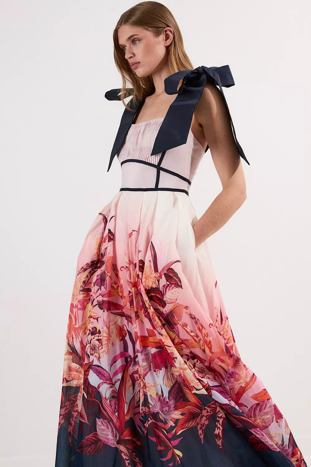KAREN MILLEN 日本未入荷 花柄 コットン フリル ミディドレス Petite Soft Tailored Halter Tie Neck Pleat Detail Midi Dress