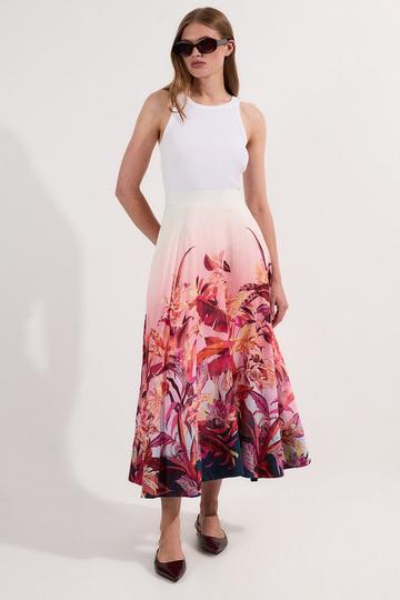 Tropical Floral Silk Cotton Woven Prom Skirt pink
