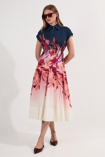 Tropical Floral Silk Cotton Woven High Neck Woven Maxi Dress pink