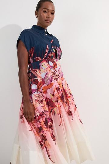 Plus Size Tropical Floral Silk Cotton Woven High Neck Woven Maxi Dress pink