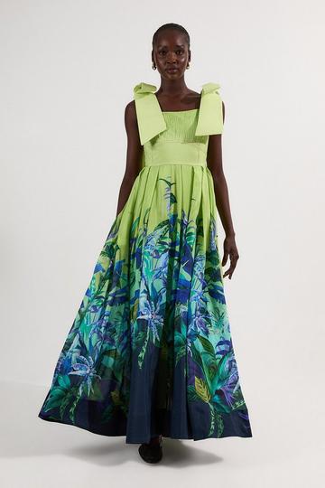 Tropical Floral Silk Cotton Woven Strappy Woven Maxi Dress green