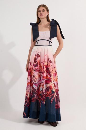 Pink Tropical Floral Silk Cotton Woven Strappy Woven Maxi Dress