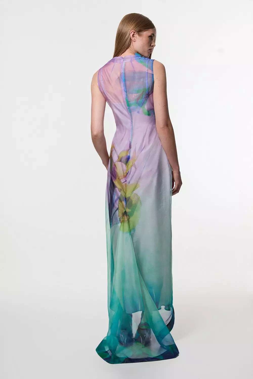 ★Karen Millen★ フローラルオーガンジーミディシャツドレス Petite Digital Ophelia Floral Organdie High Neck Maxi Dress