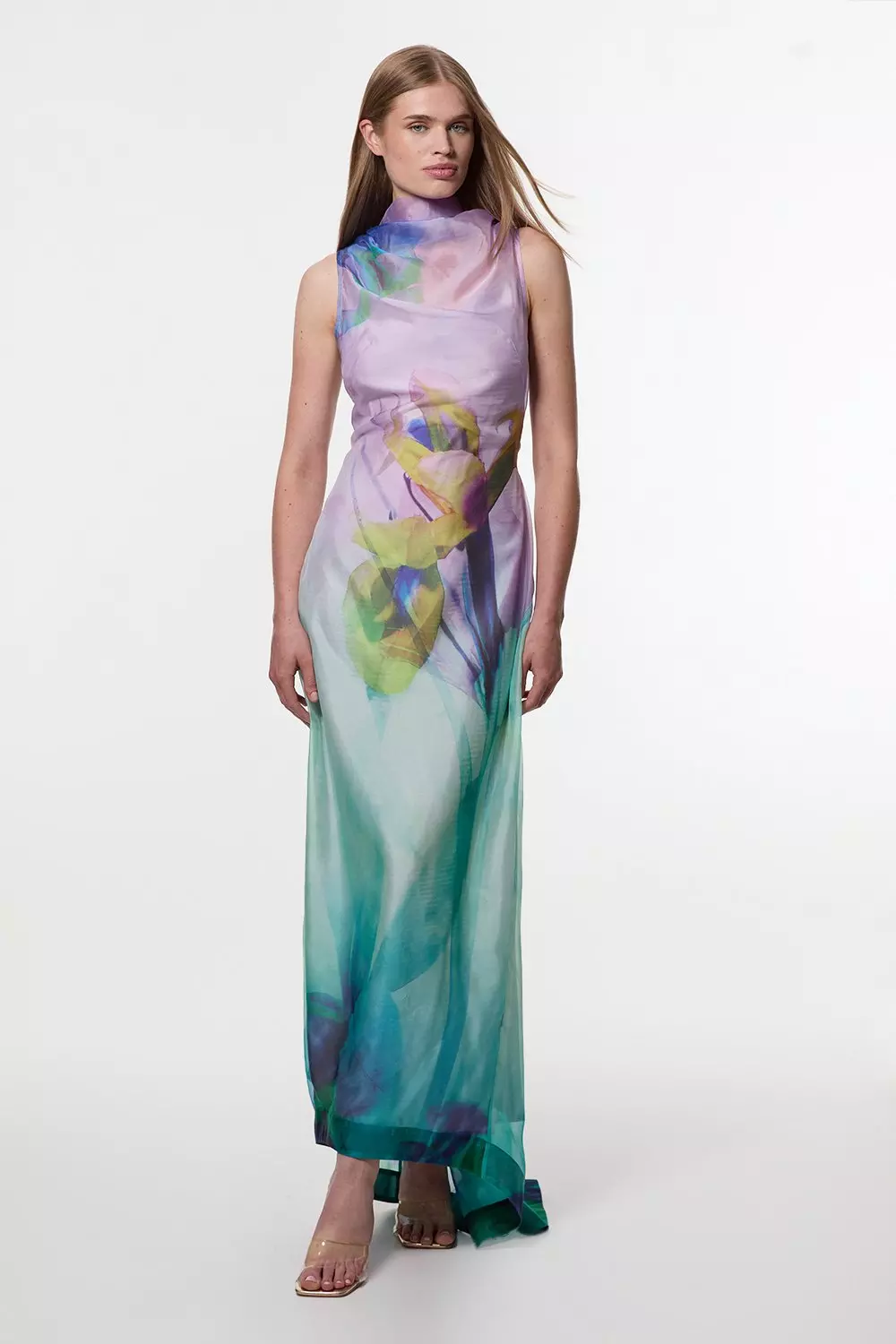 特価/完売前に【Karen Millen】Floral Organdie ドレス Digital Ophelia Floral Organdie High Neck Maxi Dress | Karen