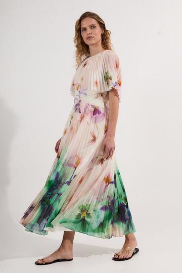 Pleated Floral Cape Sleeve Low Back Woven Maxi Dress multi
