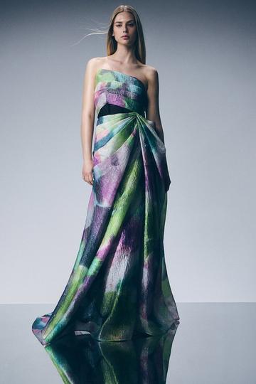 Digital Ophelia Printed Organza Fishtail Corset Maxi Dress multi