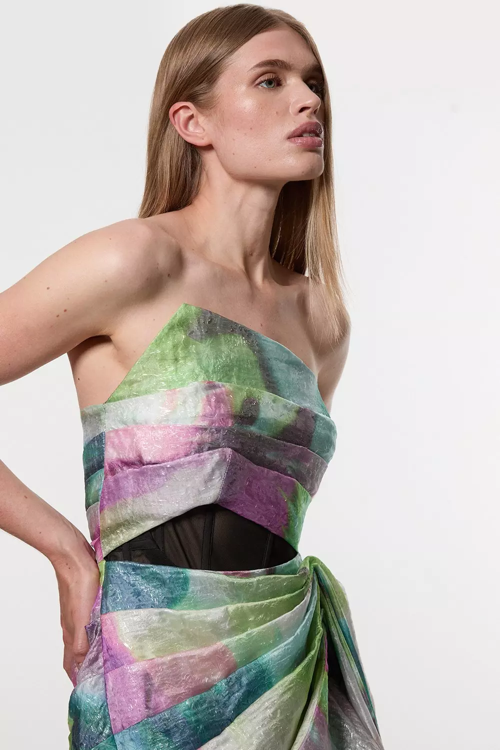 Digital Ophelia Printed Organza Fishtail Corset Maxi Dress