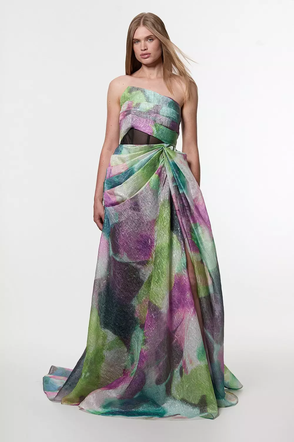 Digital Ophelia Printed Organza Fishtail Corset Maxi Dress