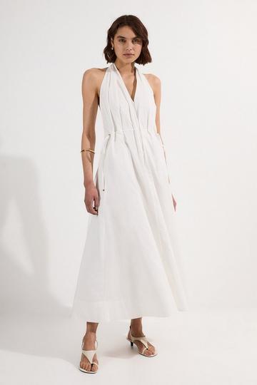 Cotton Ruched Waist Woven Midi Dress ivory