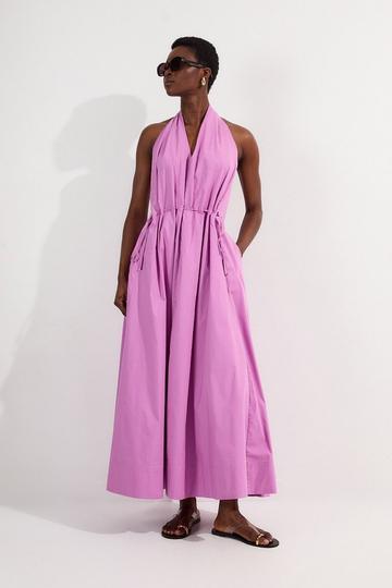 Cotton Ruched Waist Woven Midi Dress purple