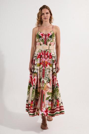 Mirrored Viscose Linen Floral Print Woven Maxi Dress multi