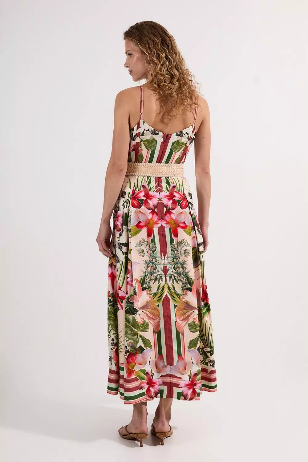 Mirrored Viscose Linen Floral Print Woven Maxi Dress With