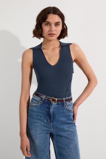 Rib Knit Tank With Button Detail blue