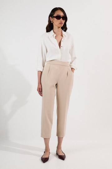 Beige Compact Stretch Essential Tailored High Waist Slim Leg Trouser
