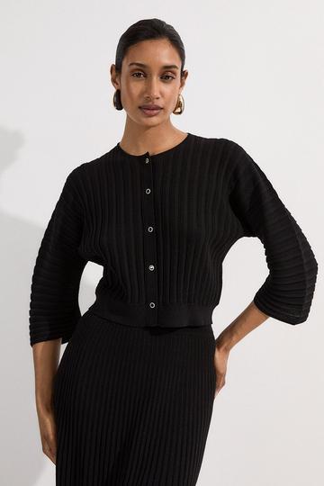 Black Pleated Rib Summer Knit Cardigan